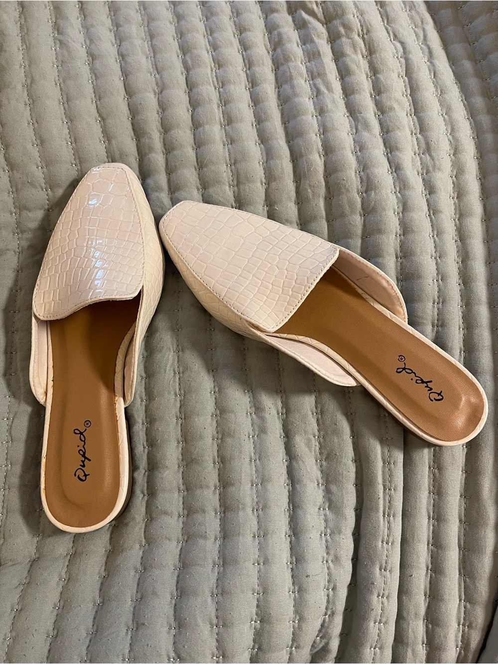 Pointed Croc-Textured Slip-On Mules in Nude